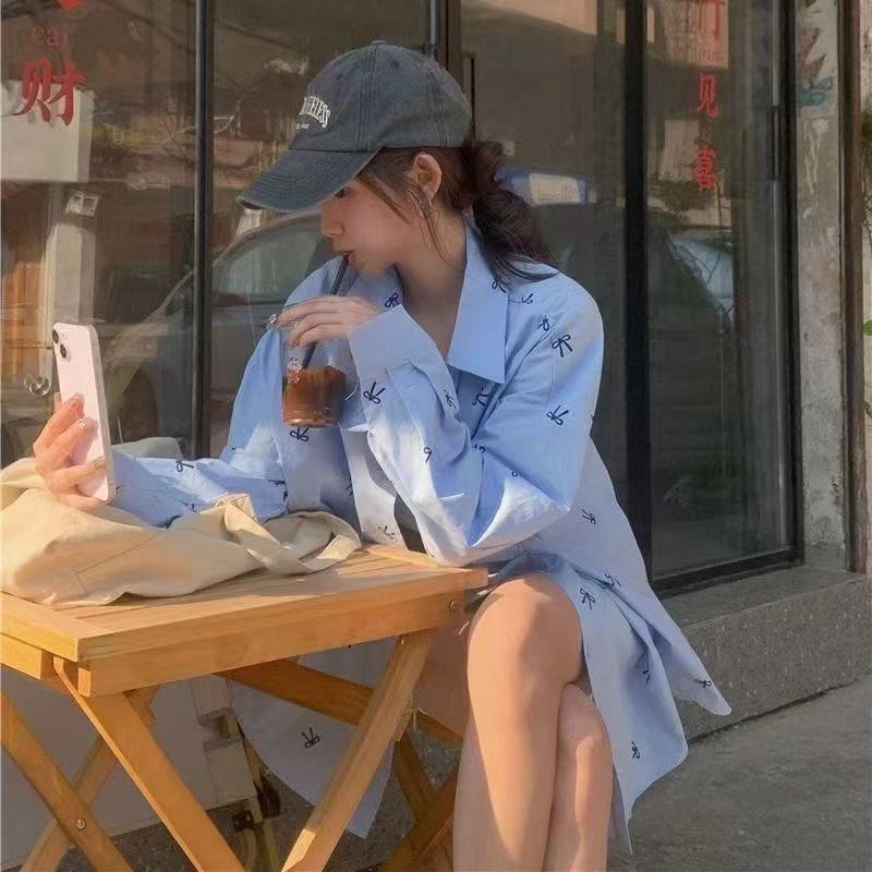 蓝条纹蝴蝶结印花防晒衬衫女2025年夏季新款宽松长袖衬衣薄款外套|undefined