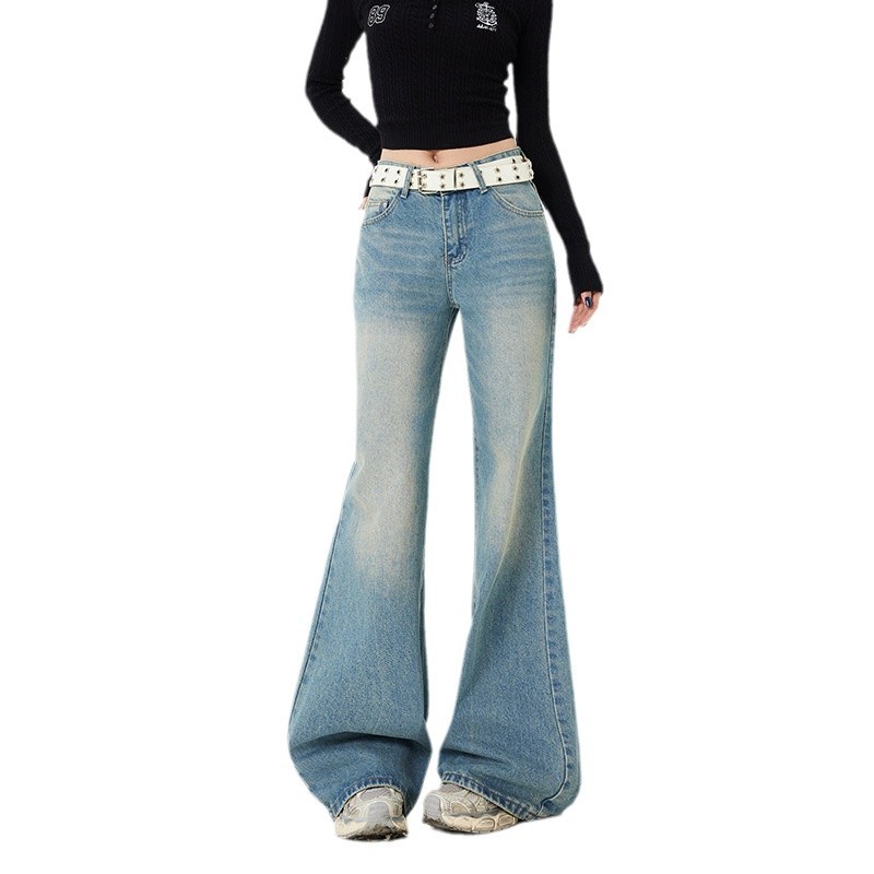 미국 스타일 레트로 워터 마크 디자인 낮은 허리 핫 소녀 플래 팬츠 모든 경기 청바지 및 긴 바지