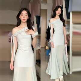2026新款气质绝美高级感法式绿色网纱拼接连衣裙子女夏季包臀长裙