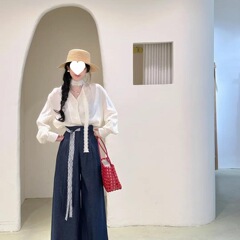 春季套装新款一整套蕾丝气质花边上衣长袖衬衫高腰阔腿裤子两件套