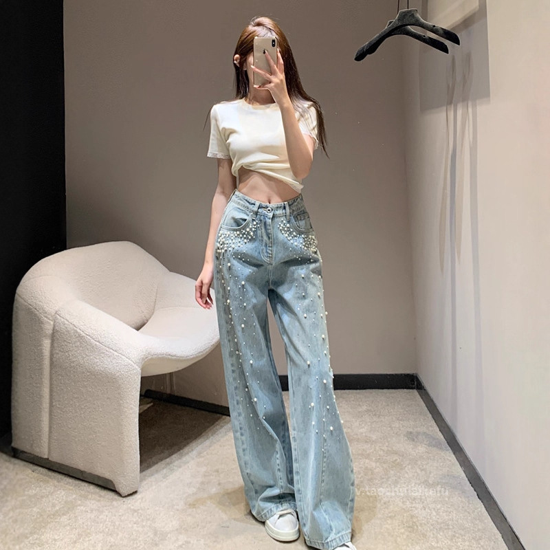烫钻钉珠牛仔裤女 甜美少女风显瘦百搭高腰阔腿长裤秋季 ZK63399|undefined