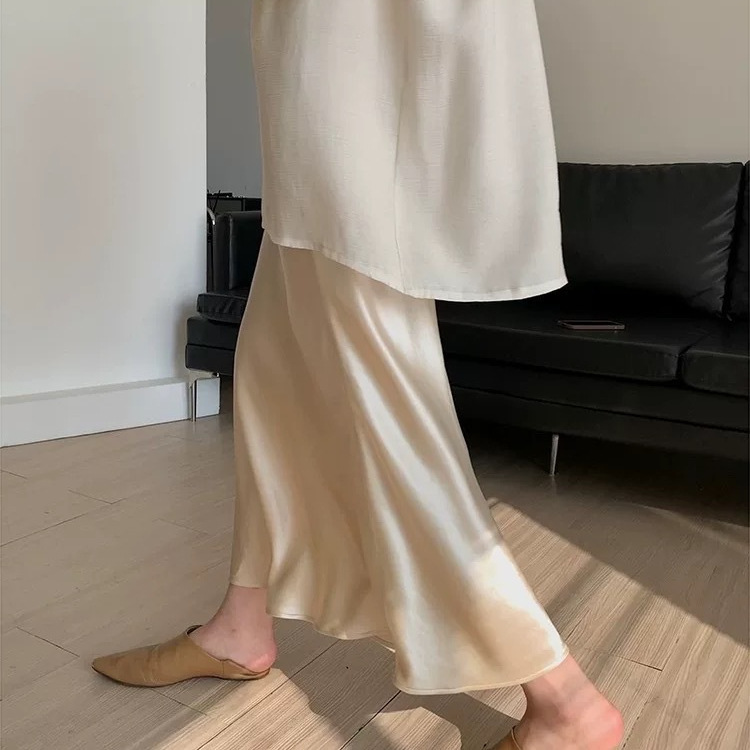 French-Style Acetate Satin Skirt for Women, 2026 New Summer High-Waisted A-Line Mid-Length Skirt for Petite Figures