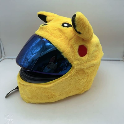 Cross-Border Wholesale Motorcycle Helmet Cover Full-Face Plush Cartoon Helmet Protective Cover Motorcycle Accessories Long-Haired Rabbit Head Cover (Motosiklet dəbilqələri) - yellow-pikachu