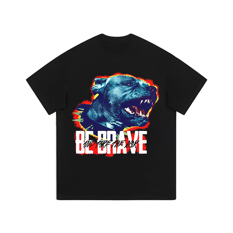 Tricou cu mânecă scurtă, spălat, cu imprimeu de câine cu flăcări, de la brandul american de modă hip-hop, pentru bărbați și femei, pentru stradă comercială_voghion.com
