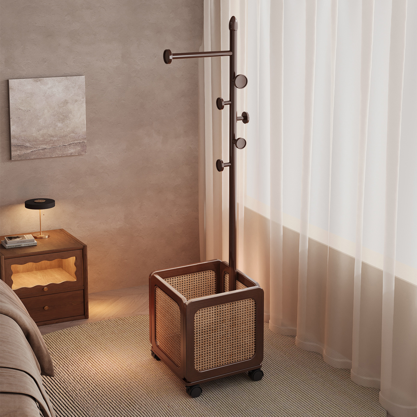 Percha de ropa de madera sólida para dormitorio doméstico de caña canasta sucia de almacenamiento integrado percha de ropa móvil de gran capacidad