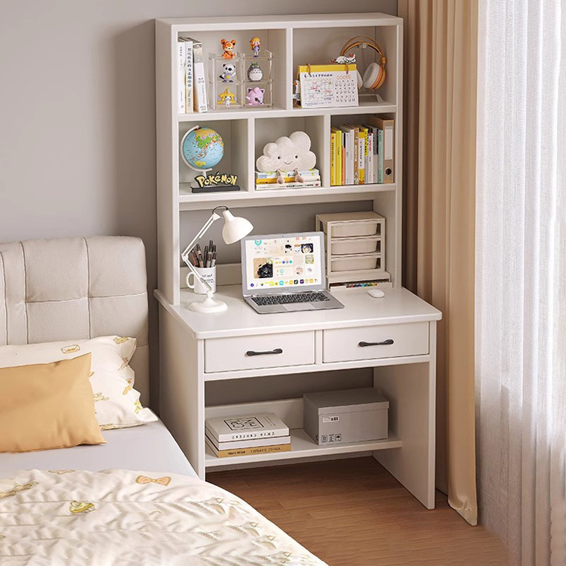 Solid Wood Desk and Bookshelf Integrated Home Computer Desk for Adults, Bedroom Student Multi-Layer Study Desk, Small Apartment Table