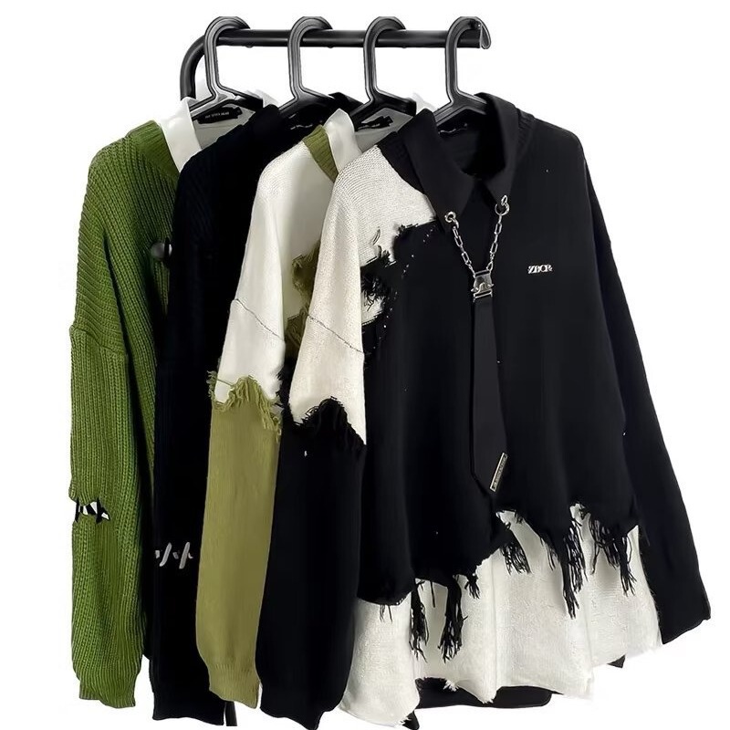 Retro tassel irregular sweater men's American style lazy style loose high-end design contrast color couple sweater