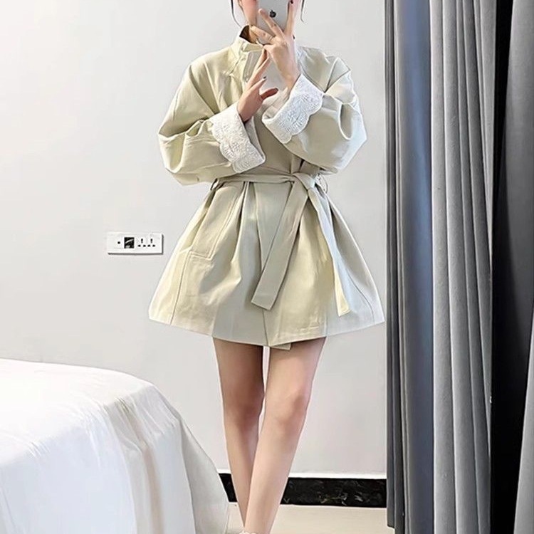 2025春秋西服高级时尚立领中长款风衣英伦风大码宽松设计大衣外套|undefined