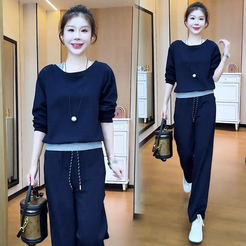 Stylish Casual Fashion Set for Women 2026 Spring New Trendy Patchwork Sweatshirt and Straight-Leg Sweatpants Two-Piece Set