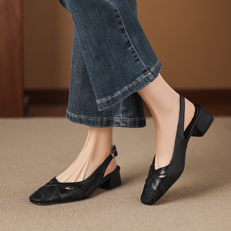 Sandal cao gót nữ hở mũi da cừu lưới phối màu quai ngang khóa — màu đen, màu trắng ngà chi tiết 55