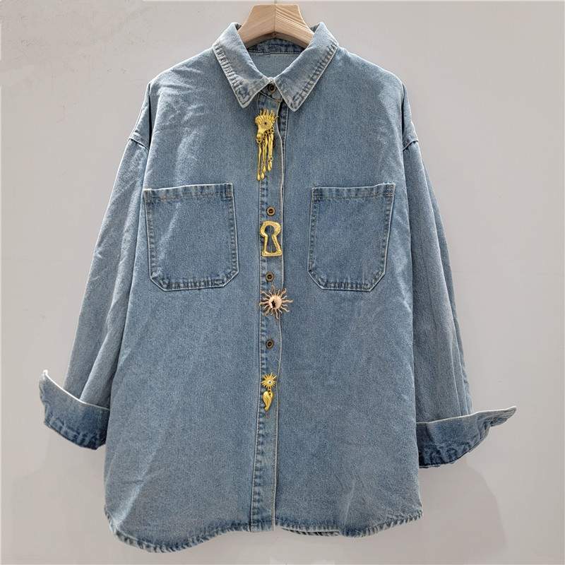 Camisa de Mezclilla Lavada para Mujer Manga Larga Cuello Polo para Primavera y Otoño