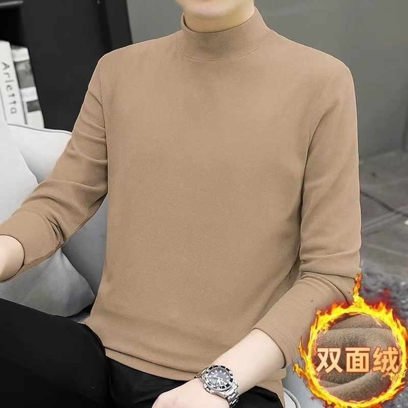 Suéter de base térmica de terciopelo alemán de doble cara para hombres de cuello medio alto más terciopelo fino tipo de cuello redondo y camiseta de manga larga para hombres de otoño image 12