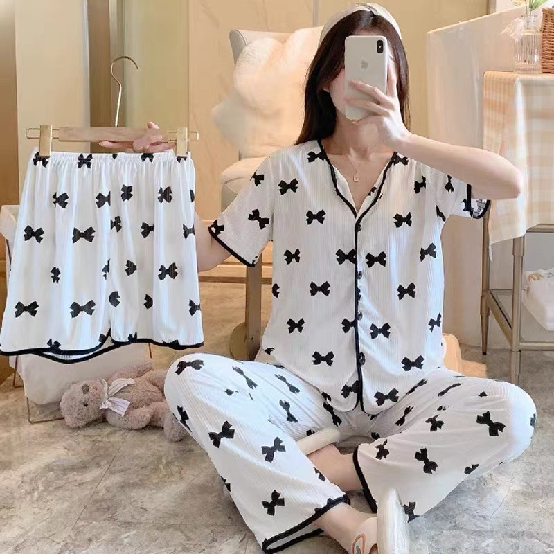 Explosión de tres piezas Cardigan pijama de mujer de verano de mangas cortas pantalones largos delgados se pueden usar dibujos animados dulce conjunto de ropa para el hogar