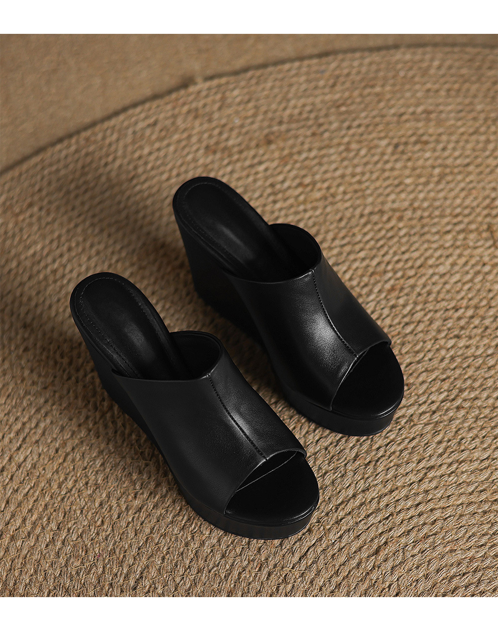 Sandal cao gót đế xuồng nữ hở mũi quai ngang gót 10 cm — Đen [da cừu] chi tiết 16
