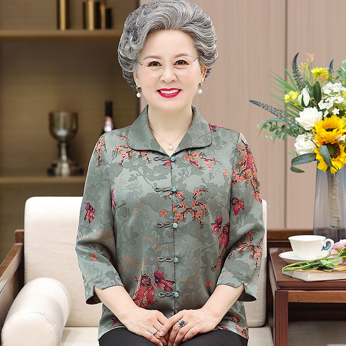 Spring and Summer Clothes for the Elderly Granny Silk Shirt Top Western Style Mother Suit Cardigan 70-year-old 80-year-old Clothes