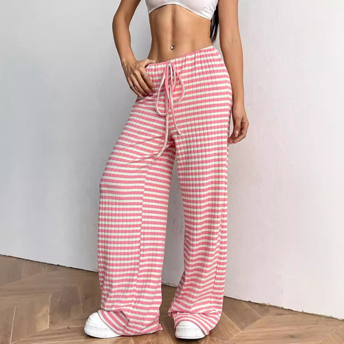 Women's Autumn/Winter 2025 European Casual Striped Solid Color Elastic Rope Cotton Straight Leg Pants