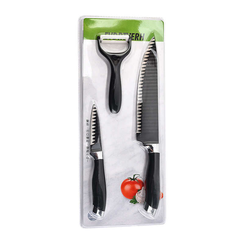 Yangjiang cuchillo de cocina negro doble cabeza galvanizada ondulada de tres piezas cuchillo de doble cara succión transfronteriza fuente directa fábrica al por mayor