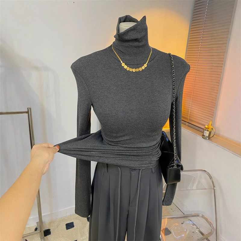 Gray High-End Simple Accessible Luxury High-Neck Wrapped Tight-Fitting Threaded Long-Sleeved T-Shirt Women's New Autumn and Winter Bottoming Shirt