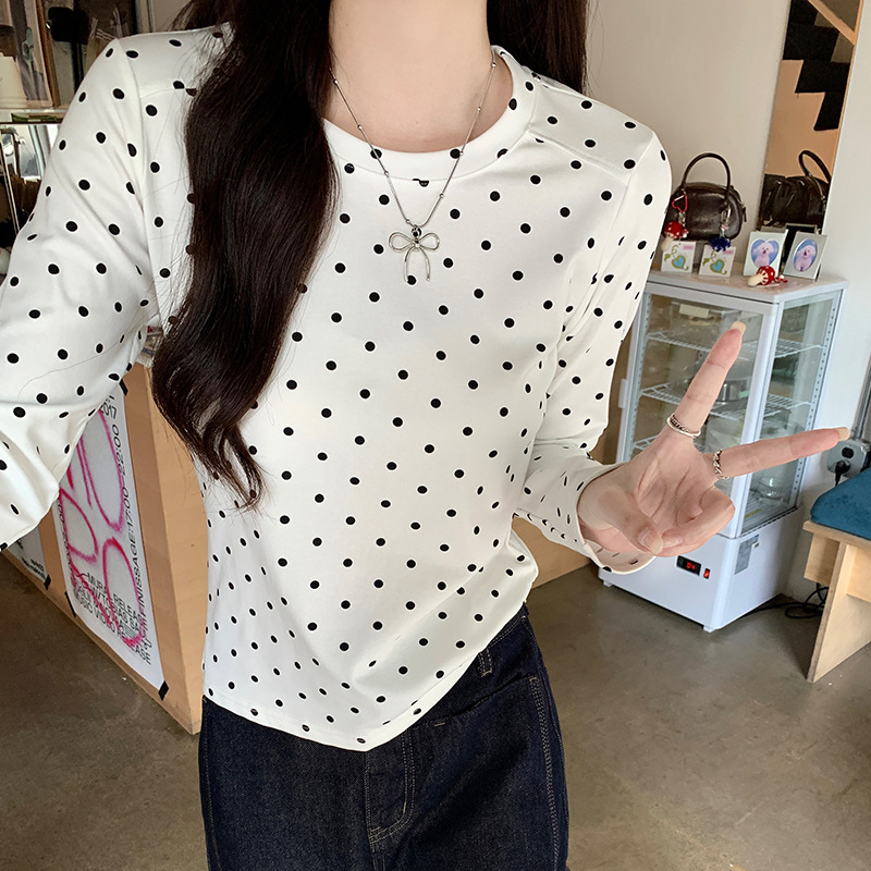 2024 Autumn Retro Style Niche Polka Dot Crewneck Long Sleeve Slimming Polka Dot Base Shirt T-shirt Women's Top