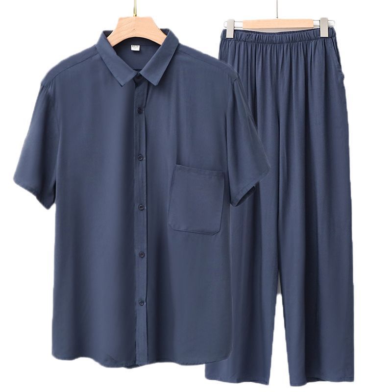 Cotton Silk Short-sleeved Lapel Cardigan Men's Middle-aged and Elderly Men's Summer Thin Shirt Artificial Cotton Home Clothes Trousers Two-piece Set Cotton Silk Short-sleeved Lapel Cardigan Men's Middle-aged and Elderly Men's Summer Thin Shirt Artificial Cotton Home Clothes Trousers Two-piece Set
