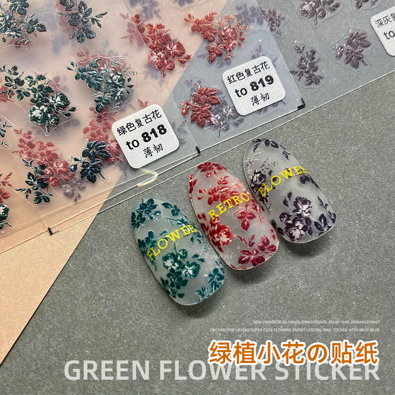 Pegatinas de uñas japonesas 2022 nuevo lindo 5d color de uñas boceto oscuro vintage flor rica verde planta floral