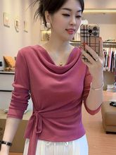 大码一字肩荡领设计感长袖T恤打底衫女春秋冬季修身显瘦绑带上衣