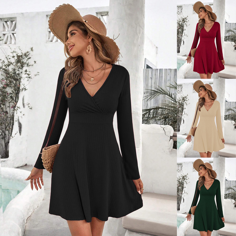 Women's Autumn and Winter A-Line Skirt Solid Color Wrap Dress Short Long Sleeve Dress