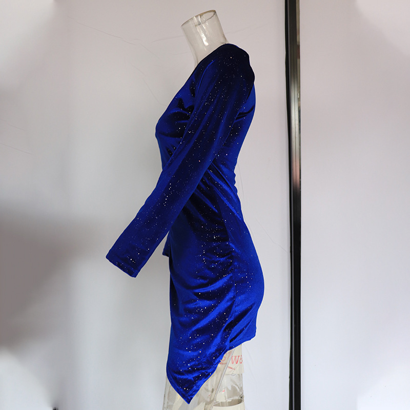 Women's Clothing Hot stamping gold velvet dress women's long sleeved fashionable lady dress sexy solid color V neck mini skirt_ipsvogv.com