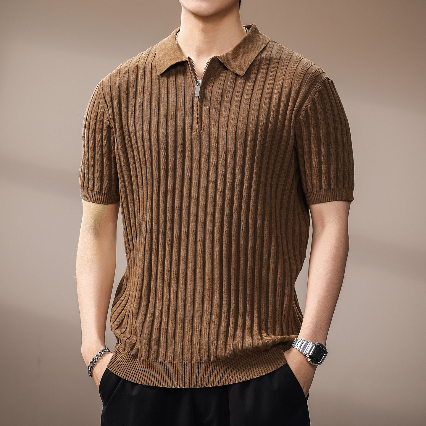 High-End American Style Light Mature Zipper Short-Sleeved Lapel Polo Shirt Men's Retro Pure Color Slim Casual Knitwear T-Shirt