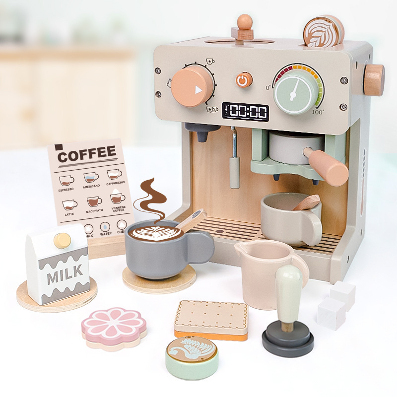 Children's Wooden Kitchen Toys Pretend Play Dessert Bread Afternoon Tea Set Role-Playing Simulation Coffee Machine