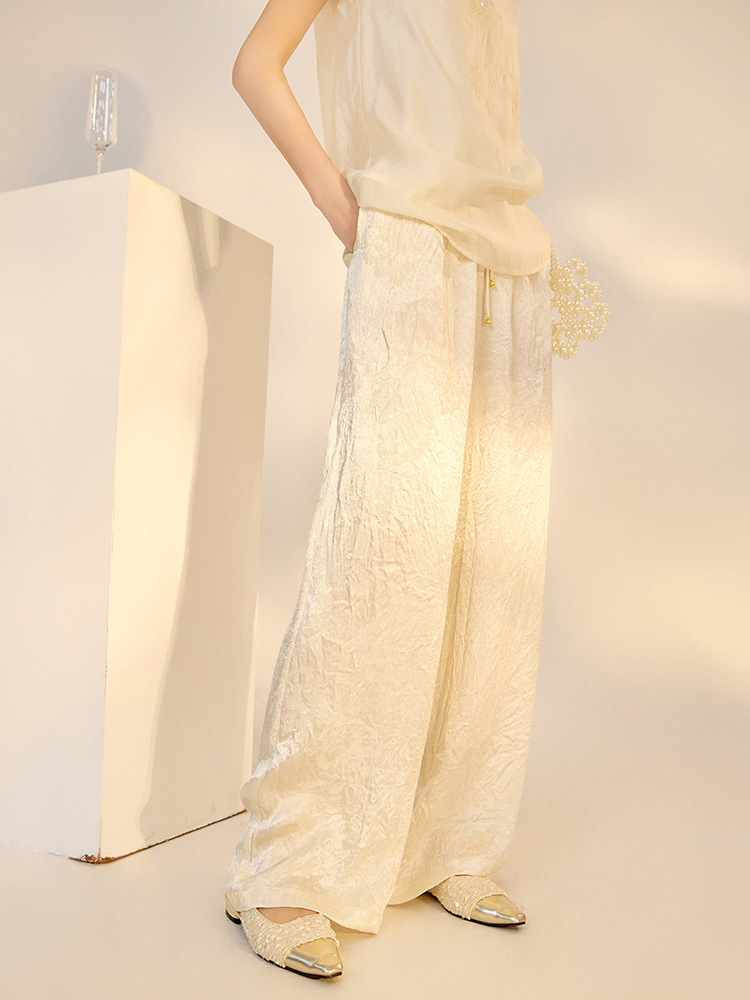 Quần culottes nữ ống rộng chất acetate phong cách Trung Quốc mới — Màu vàng, Màu hồng, Màu trắng