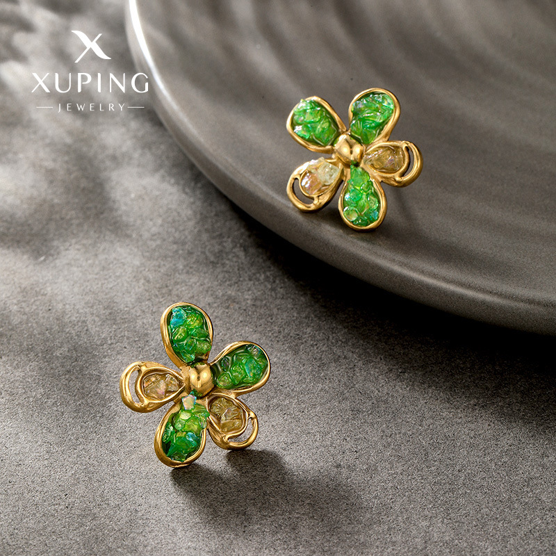 Pendientes Xuping de Acero Inoxidable con Baño de Oro de 14k, Diseño de Lujo Ligero, Estilo Fresco con Flor Verde