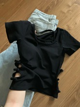 黑色镂空辣妹设计感短袖T恤女夏季新款纯欲U领两件套修身短款上衣
