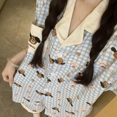 色合わせの格子縞の子犬のパジャマの夏の女性の夏の新型のins日本の韓国版の半袖の部屋の服のスーツは外出します。