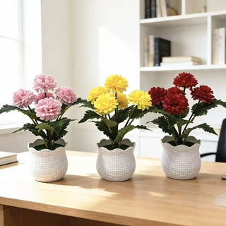 新款5朵小球菊中元宝盆盆景家居办公室桌面迷你仿真绢花盆栽摆件