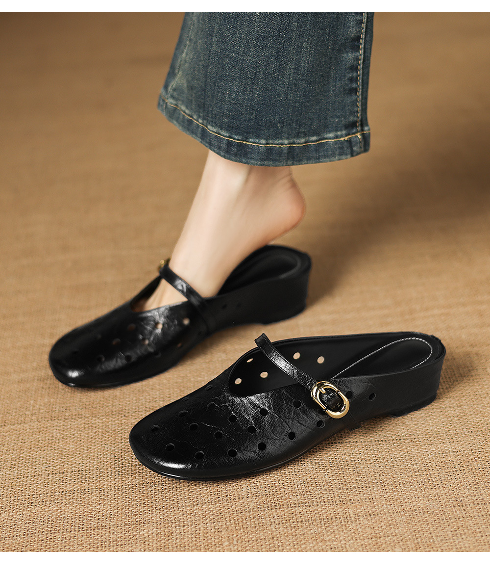 Sandal nữ da dê đục lỗ mũi trùm quai ngang hở gót — đen chi tiết 11