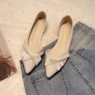 Chanel-Style Pointed-Toe Flat Shoes for Women 2025 New Fashion Pearl Side Cutout Women's Shoes Gentle Flat French Scoop Shoes