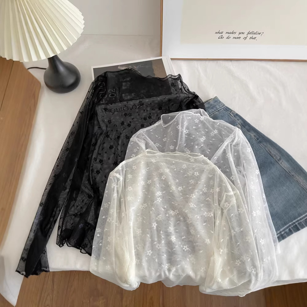 Long-Sleeved T-Shirt for Women, Thin Sun-Protective Lace Blouse, Tight-Fitting Knitted Mesh Base Layer, Pure Desire Slim-Fit Top 7034