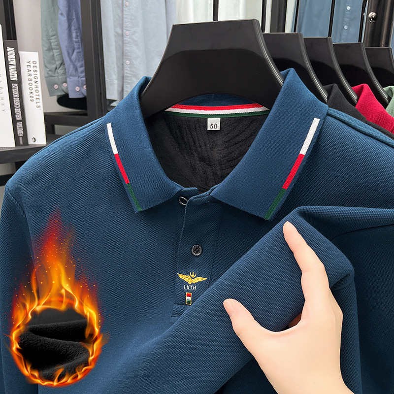 Tommy Genuine Autumn and Winter New Long-Sleeved Velvet Thickeneded Casual Lapel T-Shirt Middle-Aged Dad Bottoming Polo Shirt for Men