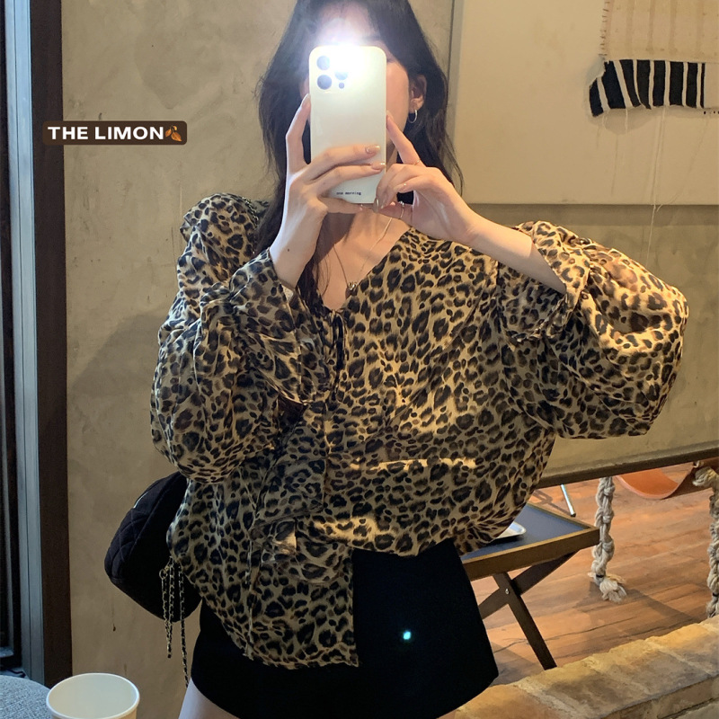 THE LIMON柠檬绿茶2025秋季上衣女小个子复古长袖豹纹雪纺衫衬衣|undefined
