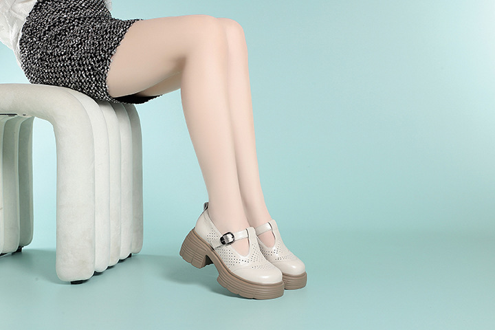 Sandal cao gót đế dày nữ hở mũi, thoáng khí mùa hè, da thật — Màu be chi tiết 1