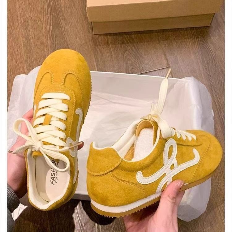 Yellow Leather Training For Women 2025 Spring New Hot-Selling Women's Shoes Flat Retro Casual Sports Sneakers_vogvips.com