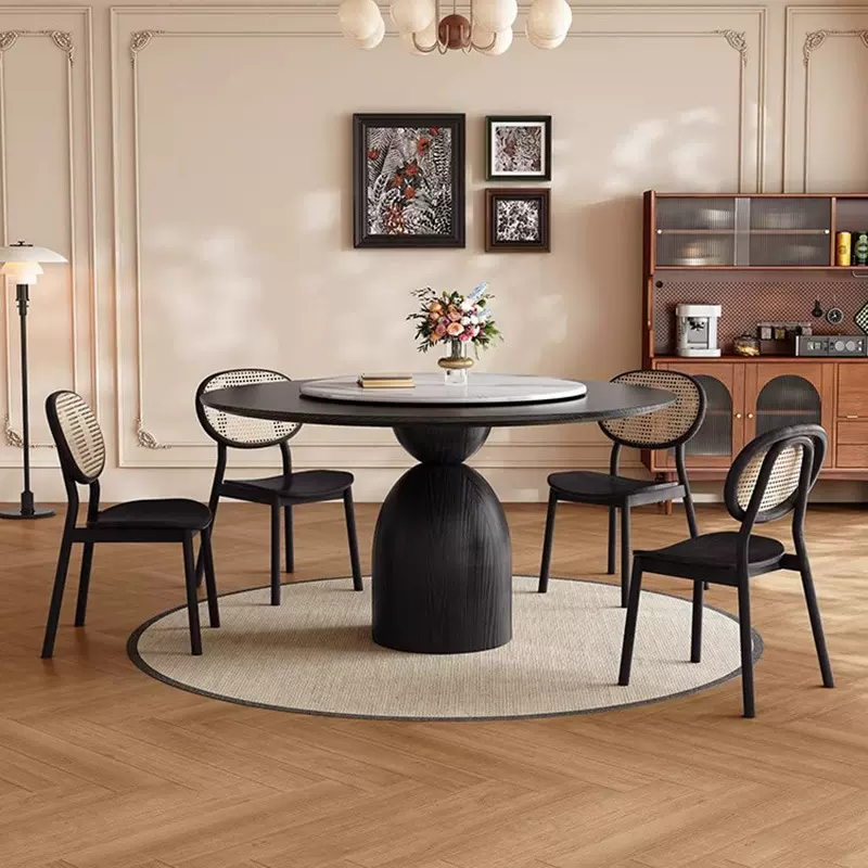 法式复古风侘寂风白蜡木圆桌小户型家用饭桌餐桌椅组合岩板转盘