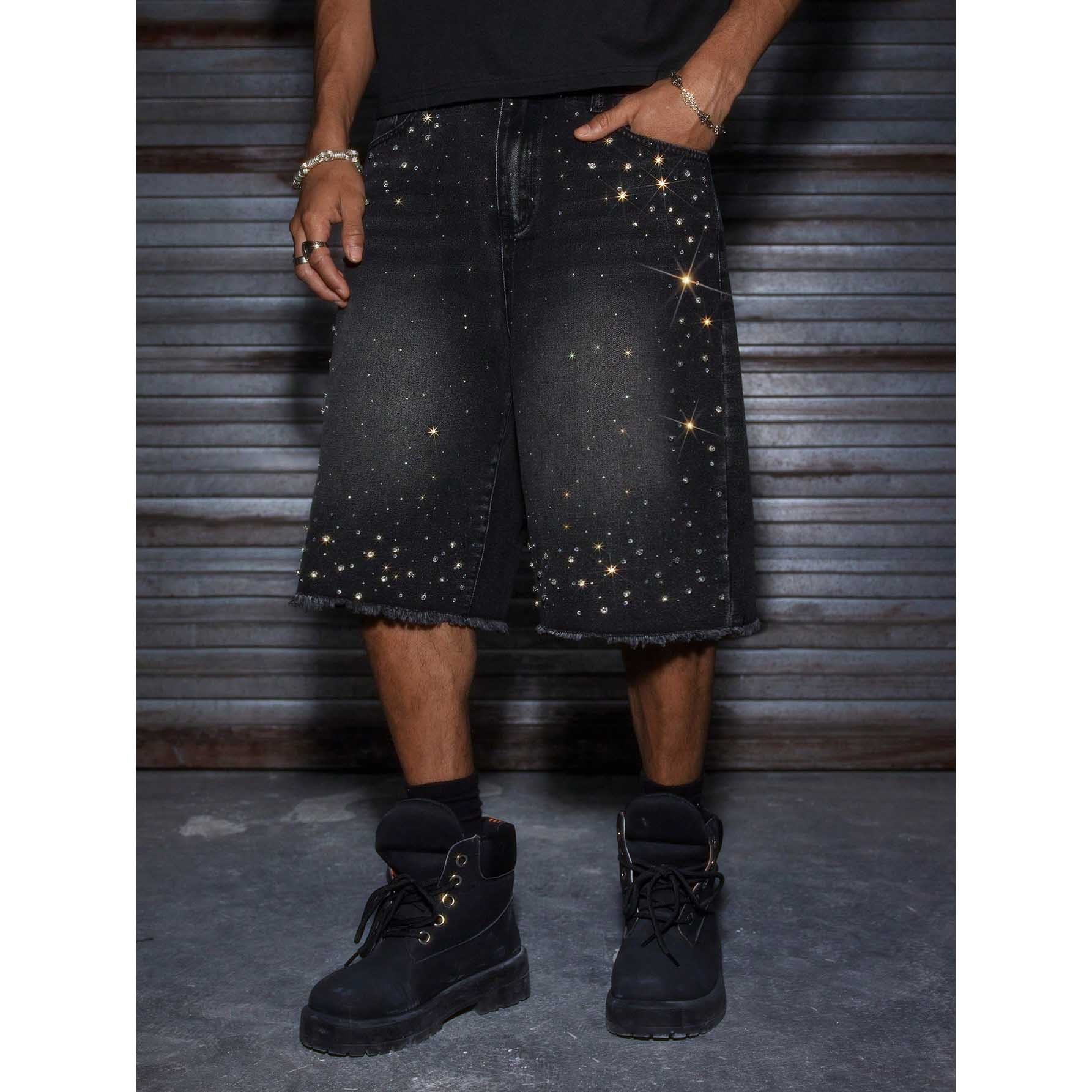 2026 Cross-Border Exclusive European Size Men's Denim Shorts Amazon Hot-Selling Rhinestone Frayed Edge Spring/Summer Non-Stretch New Model