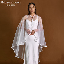 曼真 珍珠斗篷结婚防晒网纱披肩夏 女白色锁边披风外套配饰 MG14