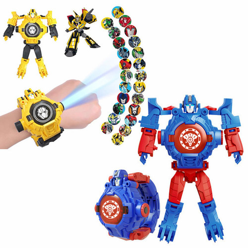 Cross-border children's transforming projection watch, diamond toy, creative cartoon transformation robot, animated glowing electronic watch