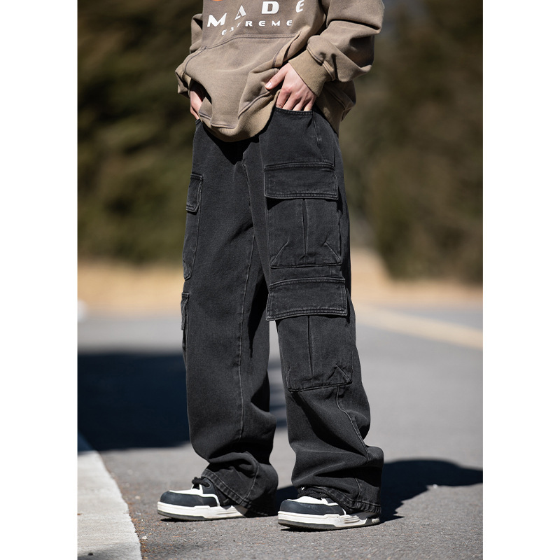 Hanlu Men's Clothing American Retro Multi-Pocket Washed Distressed Jeans Men's High Street Straight Loose Workwear Long Pants