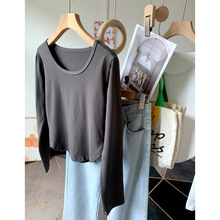 不规则长袖T恤女早春新款韩版U型下摆打底衫修身休闲百搭学生上衣