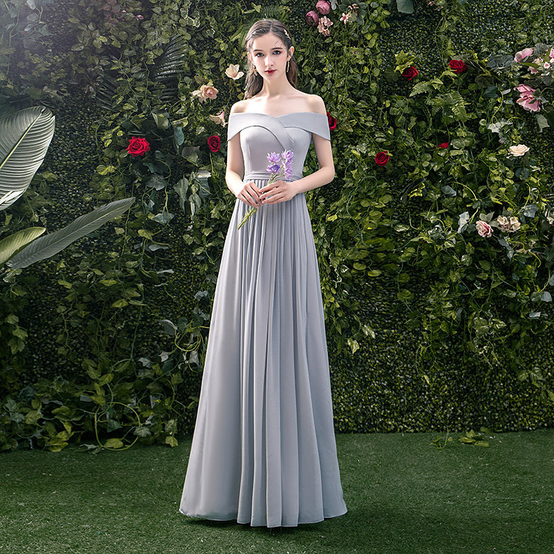 New gray bridesmaid dress, chiffon long skirt, foreign trade wedding party evening dress with elegant style