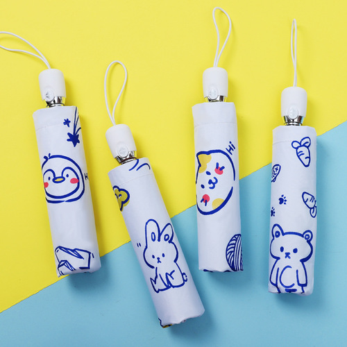 Automatic 3-fold Cute Cartoon Sunshade Umbrella with 8 ribs, Black Rubber Sun and Rain Umbrella